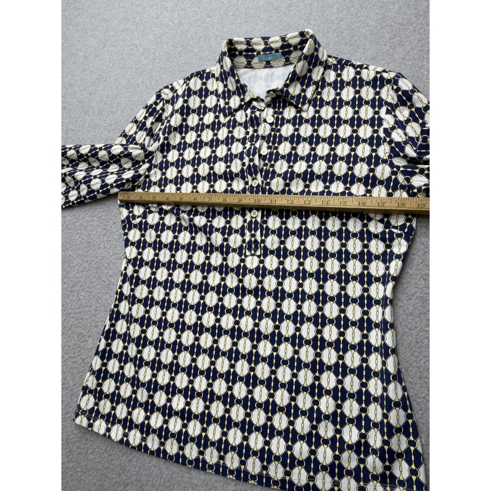 J McLaughlin Shirt Womens Medium Blue Geometric Print Long Sleeve Jersey Polo - Picture 7 of 13
